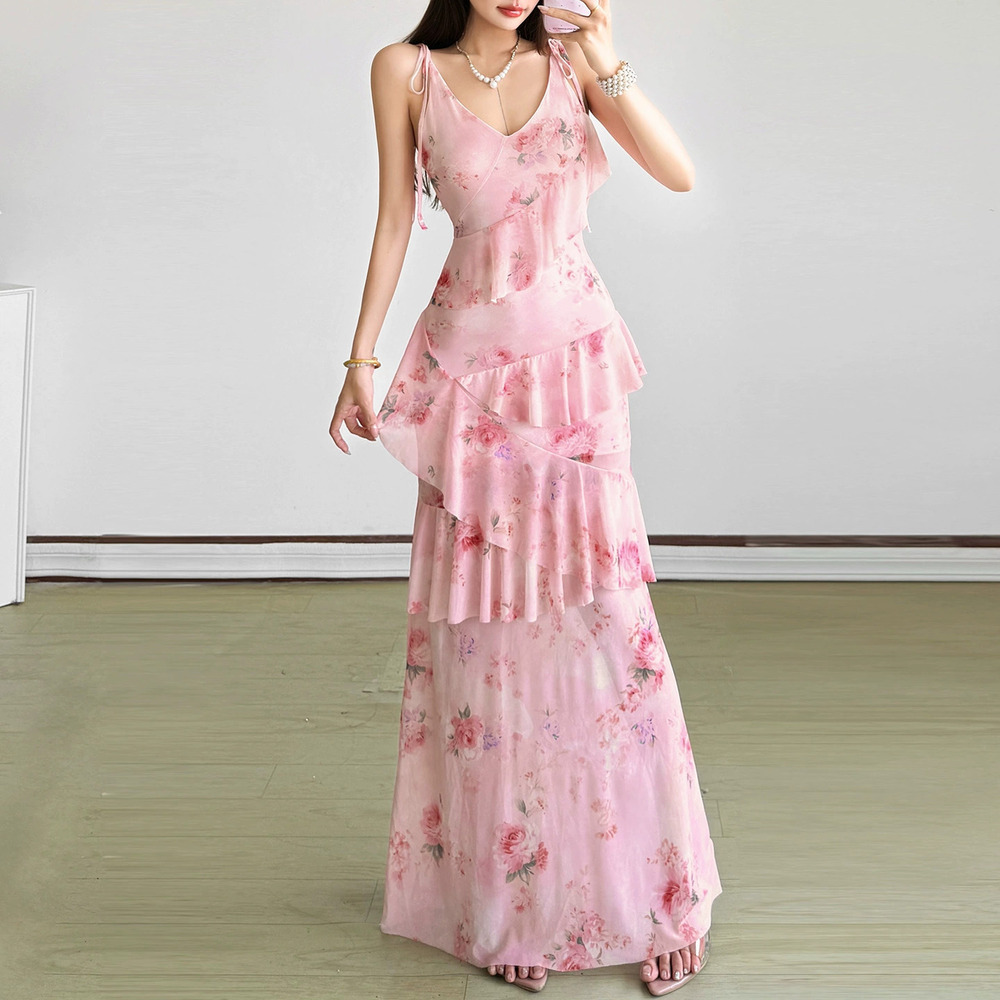 Zara Summer Floral Cami Maxi Dress with Asymmetric Ruffle Neckline